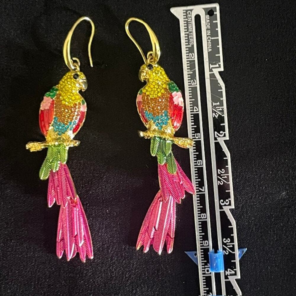 Colorful Rhinestone Parrot Dangle Earrings Tropical Statement Bird Jewelry Glam
